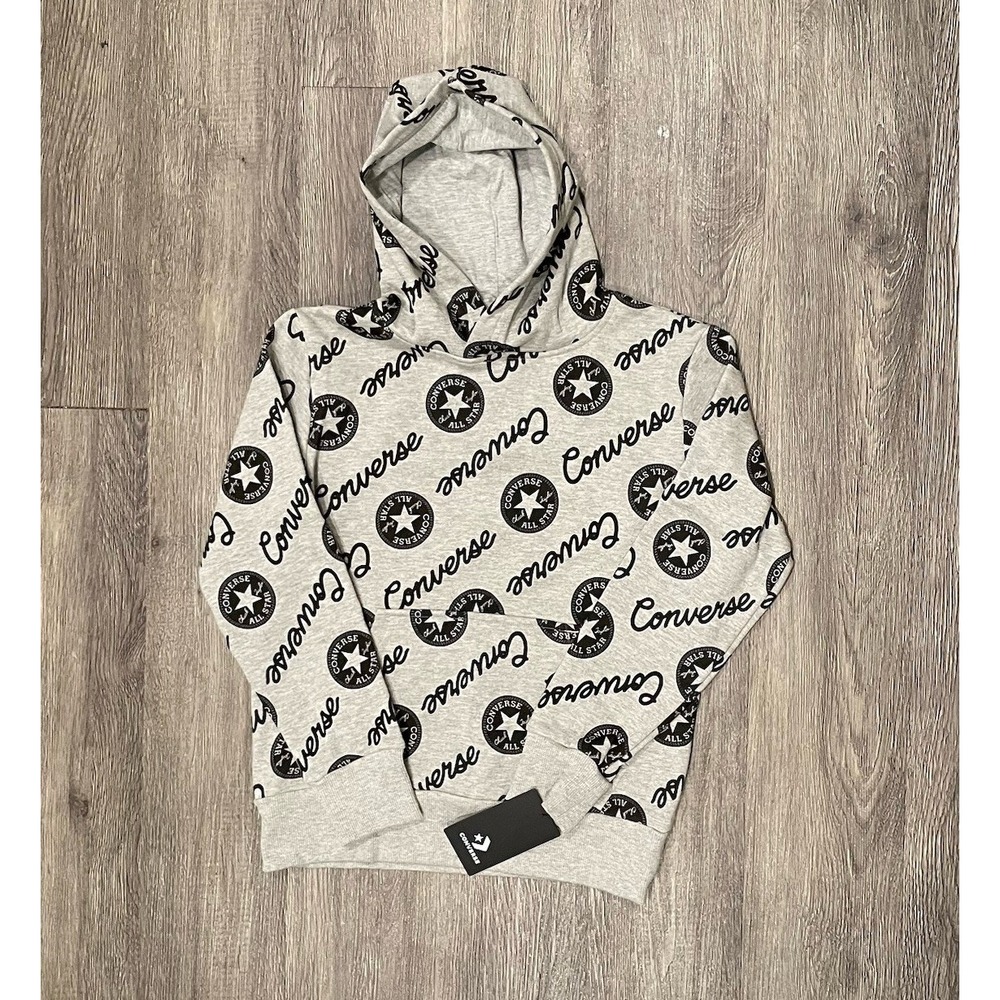 Converse Hoodie Sweatshirt Youth Medium All Over Print Gray Black Pullover NEW